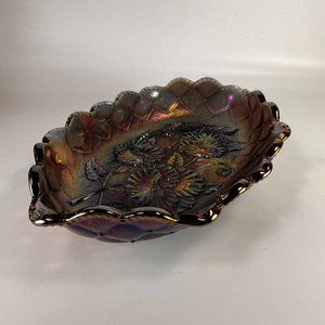 Vtg Imperial Glass Purple Carnival Glass Iridescent Oval Bowl Pansy Pattern